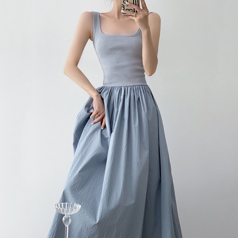 Robes longues taille haute pour femmes Printemps-Été 2026 Robe sans manches patchwork élégante à col carré Slim pour soirée Vestidos