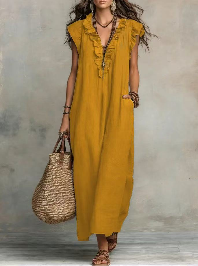 Robe longue décontractée d'été 2026 pour femme, style bohème, en coton et lin, couleur unie, col en V à volants, sans manches, coupe ample, avec poches, pour la plage