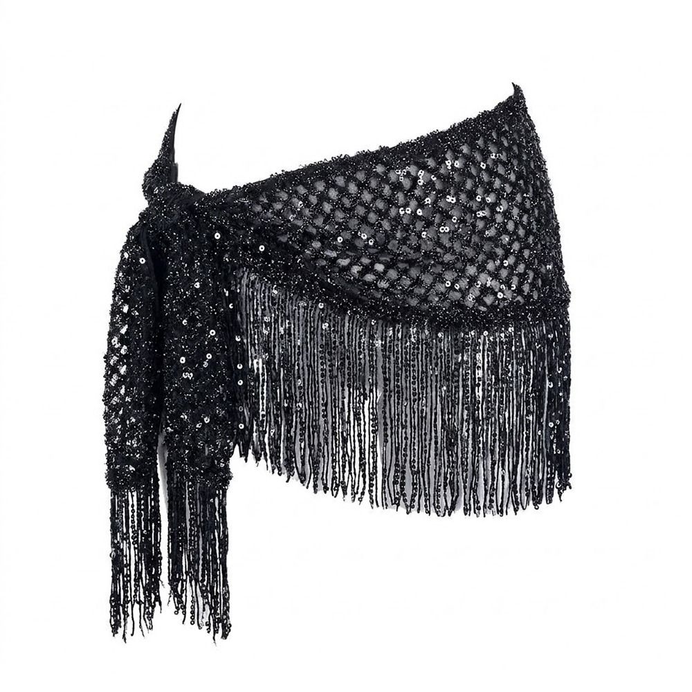Foulard de danse du ventre triangulaire à franges scintillantes, ceinture de danse du ventre, ceinture de taille à sequins et pompons, chaîne de taille pour la danse