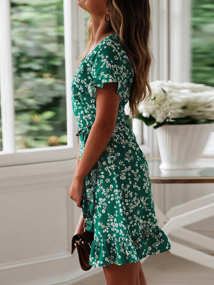 Boho imprimé fleuri volants femmes robe été Sexy col en V à manches courtes une ligne en mousseline de soie Mini robes plage vacances robe d'été