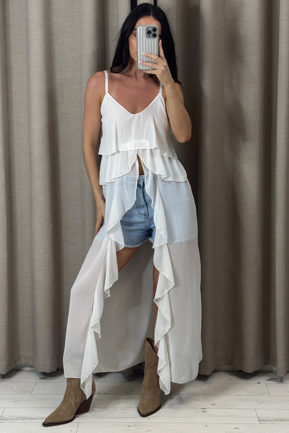 2025 nouvelle mode femmes été Camisole décontracté volants irréguliers fendu col en v bretelles Spaghetti débardeurs sans manches T-Shirt