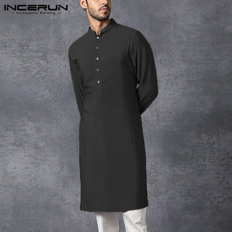 INCERUN hommes chemise musulmane col montant à manches longues islamique arabe caftan couleur unie Streetwear décontracté longues chemises hommes vêtements 5XL