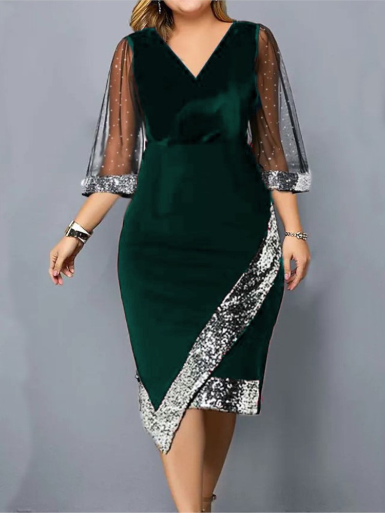Robe en velours doré pour femmes, vêtements de printemps et d'été, nouvelle mode, paillettes irrégulières, maille transparente, manches cinq quarts