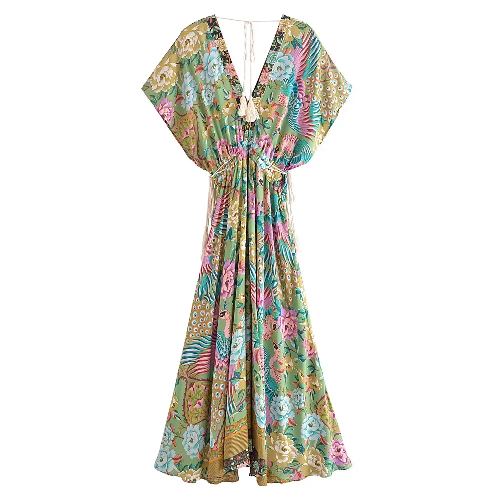 Boho Queens Women Peacock Floral Print Bat Sleeve Beach Bohemian Maxi Dresses Ladies V Neck Tassel Summer Rayon Dress