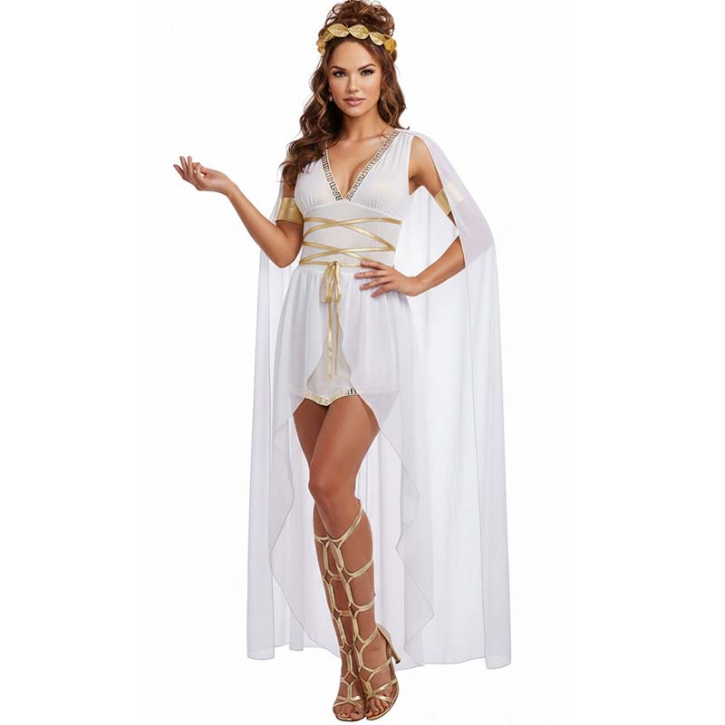 Costume de déesse grecque romaine sexy pour femmes, robe tunique blanche et noire avec cape, bordure dorée, tenues de fête d'Halloween et de carnaval