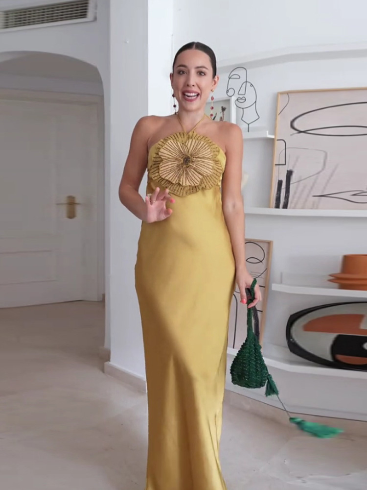 Robe de Soirée Élégante pour Femme, Robe Sirène en Satin à Fleurs 3D, Col Halter, Sans Manches, Dos Nu, Collection Été 2026, Chic et Tendance