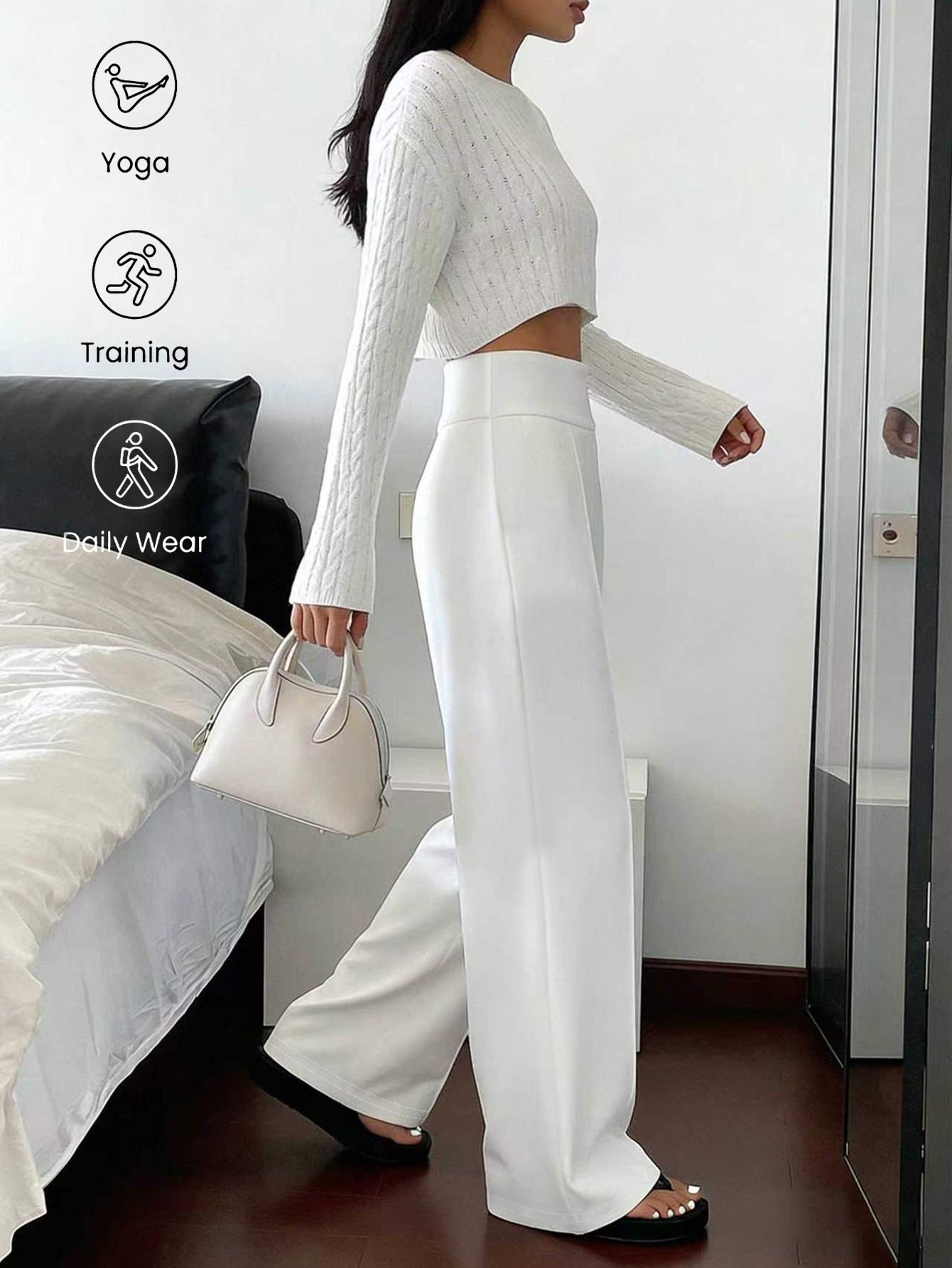 Pantalon ample à jambe droite pour femme, blanc minimaliste, décontracté, long, amincissant, style cargo avec rayures, taille standard, adapté