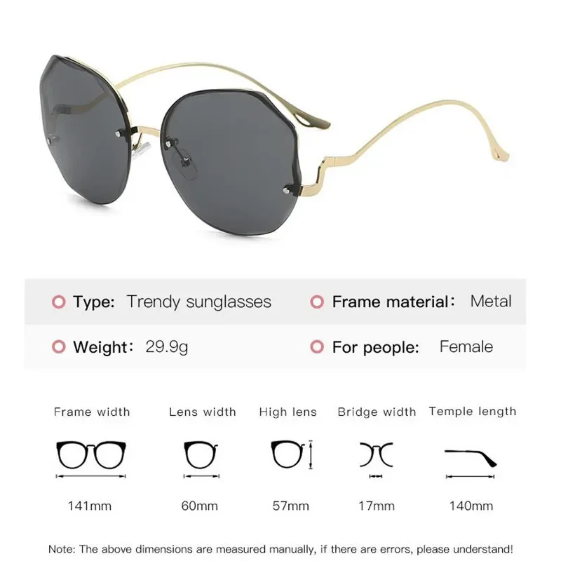 Lunettes de soleil de luxe UV400 pour femmes, verres d'océan, sans bords, branches incurvées en métal, unisexe