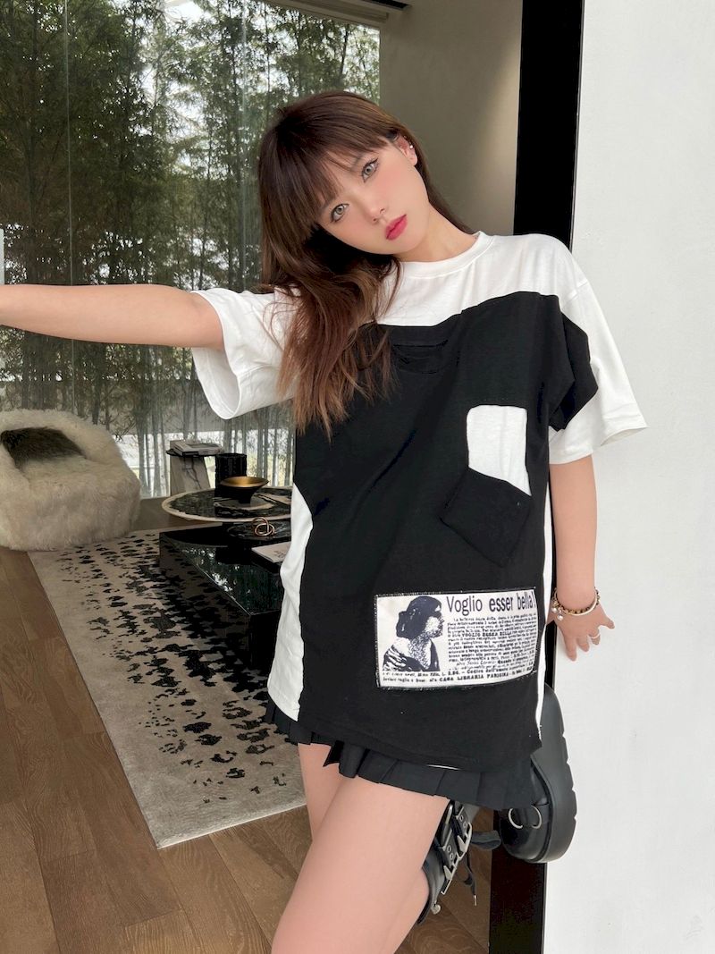 T-shirt patchwork à manches courtes pour hommes et femmes, haut décontracté, noir, blanc, tendance, été, Y2K, mode, 2 pièces