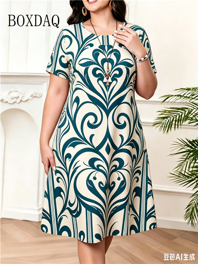 Robes d'été 2026 pour femmes, robe décontractée à motif abstrait imprimé, manches courtes, col rond, coupe ample, grandes tailles jusqu'à 6XL