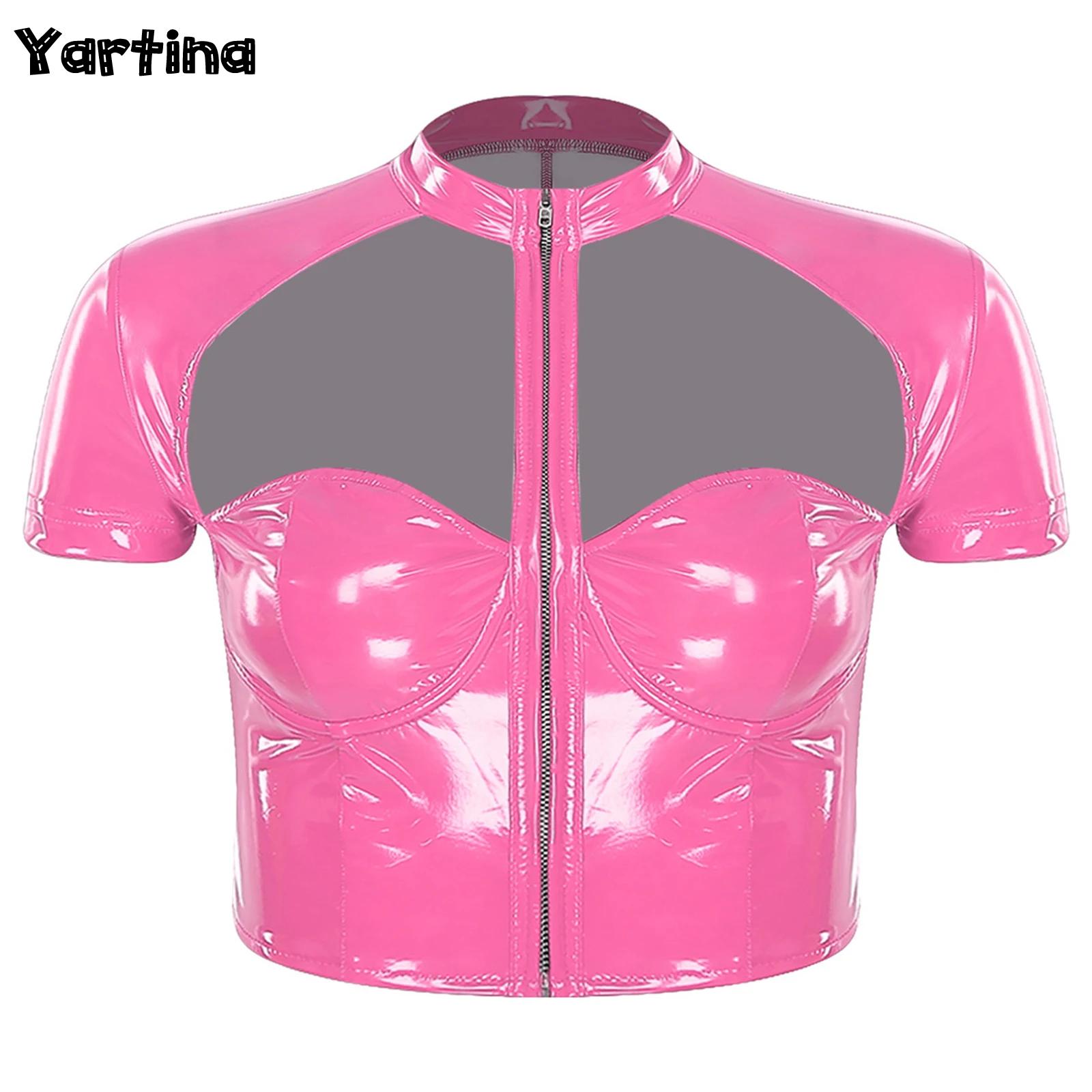 Haut court en PU pour femmes, Look mouillé, push-up, à armatures, découpe, col montant, manches courtes, fermeture éclair sur le devant, haut court brillant, look mouillé, Clubwear