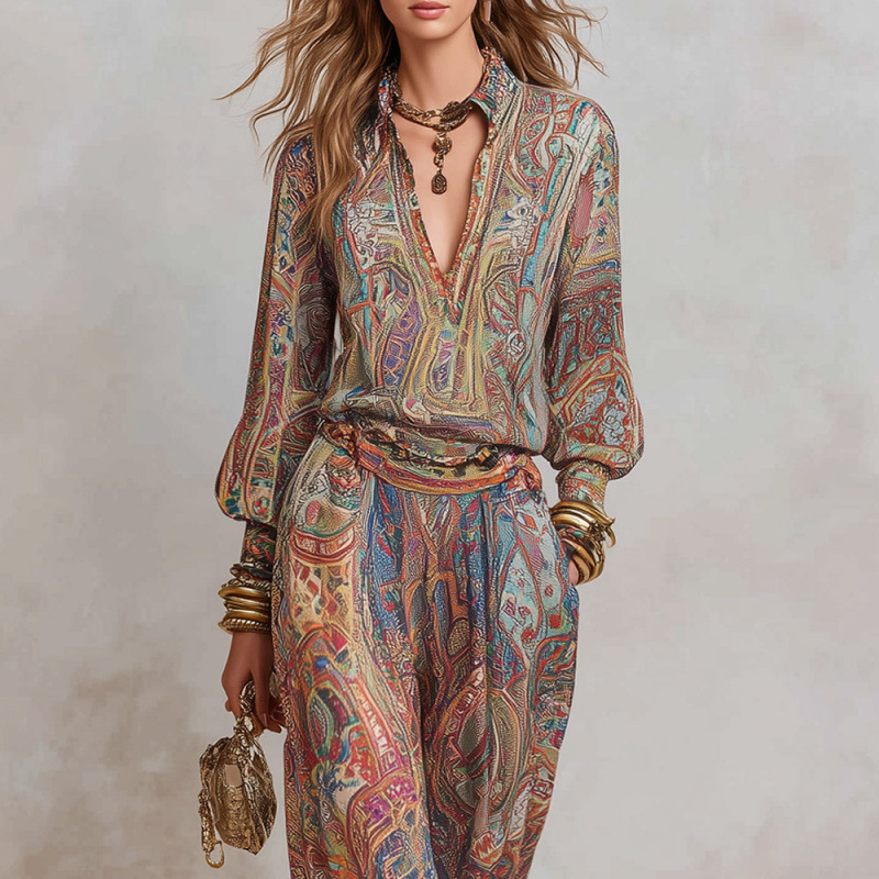 Ensemble deux pièces bohème pour femme, imprimé cachemire, haut à manches longues et col en V, pantalon large, tenue décontractée pour les vacances
