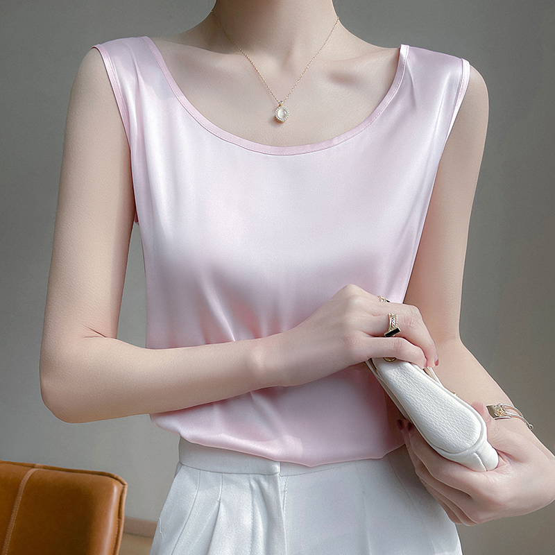 Été soie Camis femmes t-shirts sans manches gilet Satin débardeurs bureau élégant mode O cou Champagne BlouseTop femmes