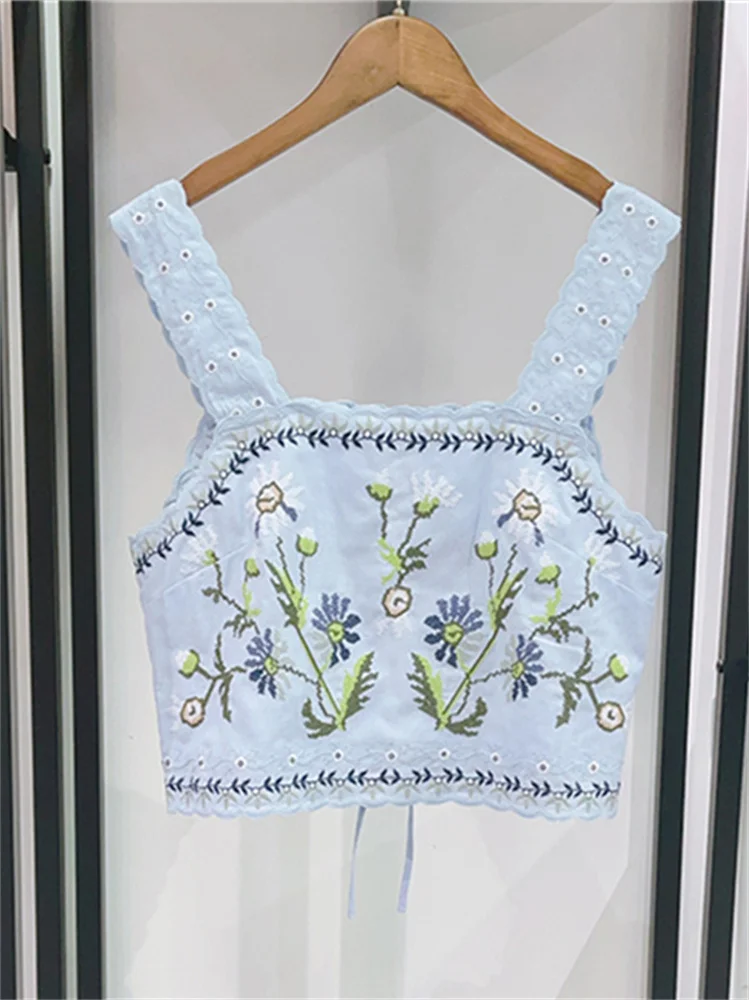 Débardeur camisole brodé de fleurs 2 couleurs pour femme + Gilet court sans manches ou Jupe midi fendue taille haute droite