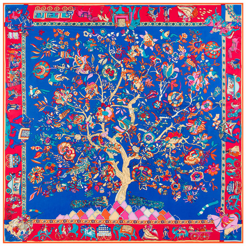130*130 cm Foulard en soie sergé de luxe Animal Elepha arbre de vie imprimé femmes châles étoles carré Bandana Foulard Hijab femme Foulard