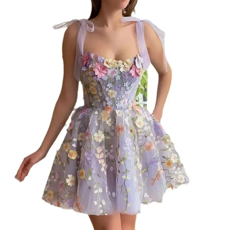 Robe pour femmes à la mode 3D fleur broderie enveloppé hanche sans manches Sexy robe à bretelles 2025