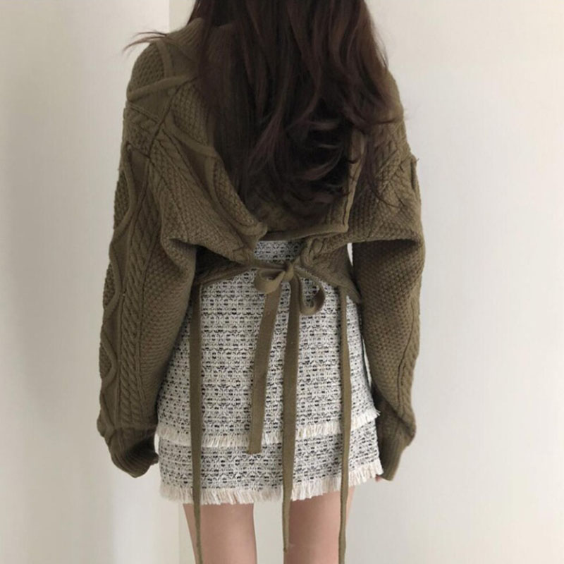 Pull en tricot décontracté japonais pour femmes, version coréenne, automne et hiver, nouveau style rétro, motif chanvre, col en V à nouer dans le dos.