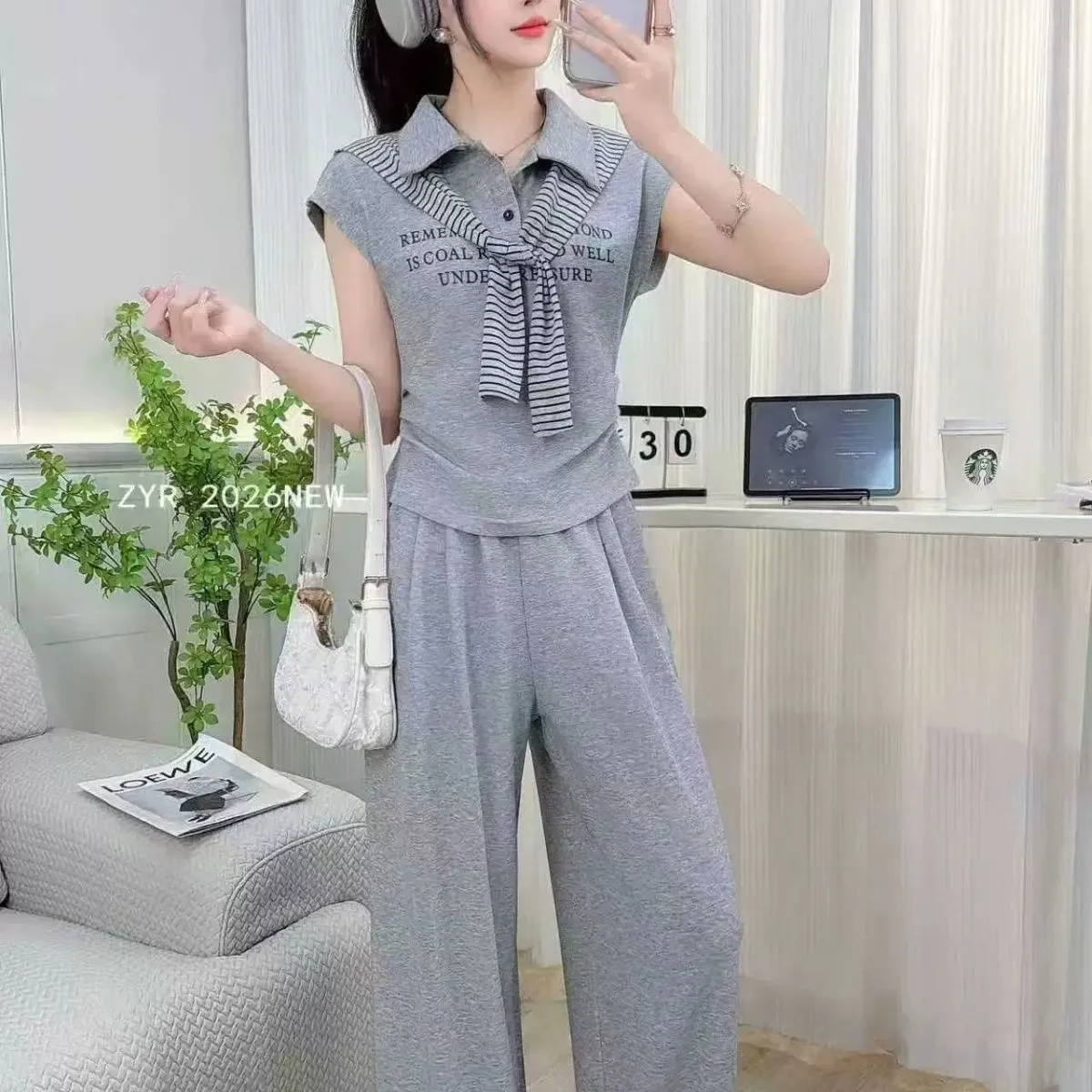 Ensemble deux pièces décontracté pour femme, nouveau style d'été, élégant et amincissant, à manches courtes, avec taille cintrée