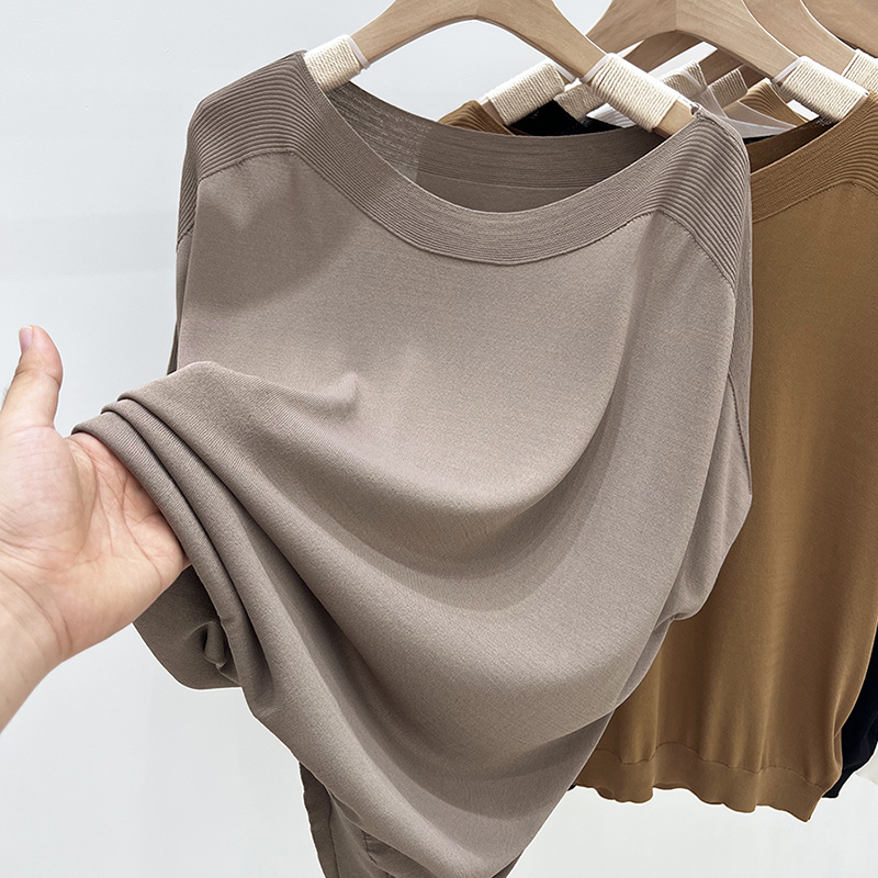 Vêtements pour femmes couleur unie glace soie tricoté T-shirt à manches courtes femmes été ample et mince manches chauve-souris haut de style étranger