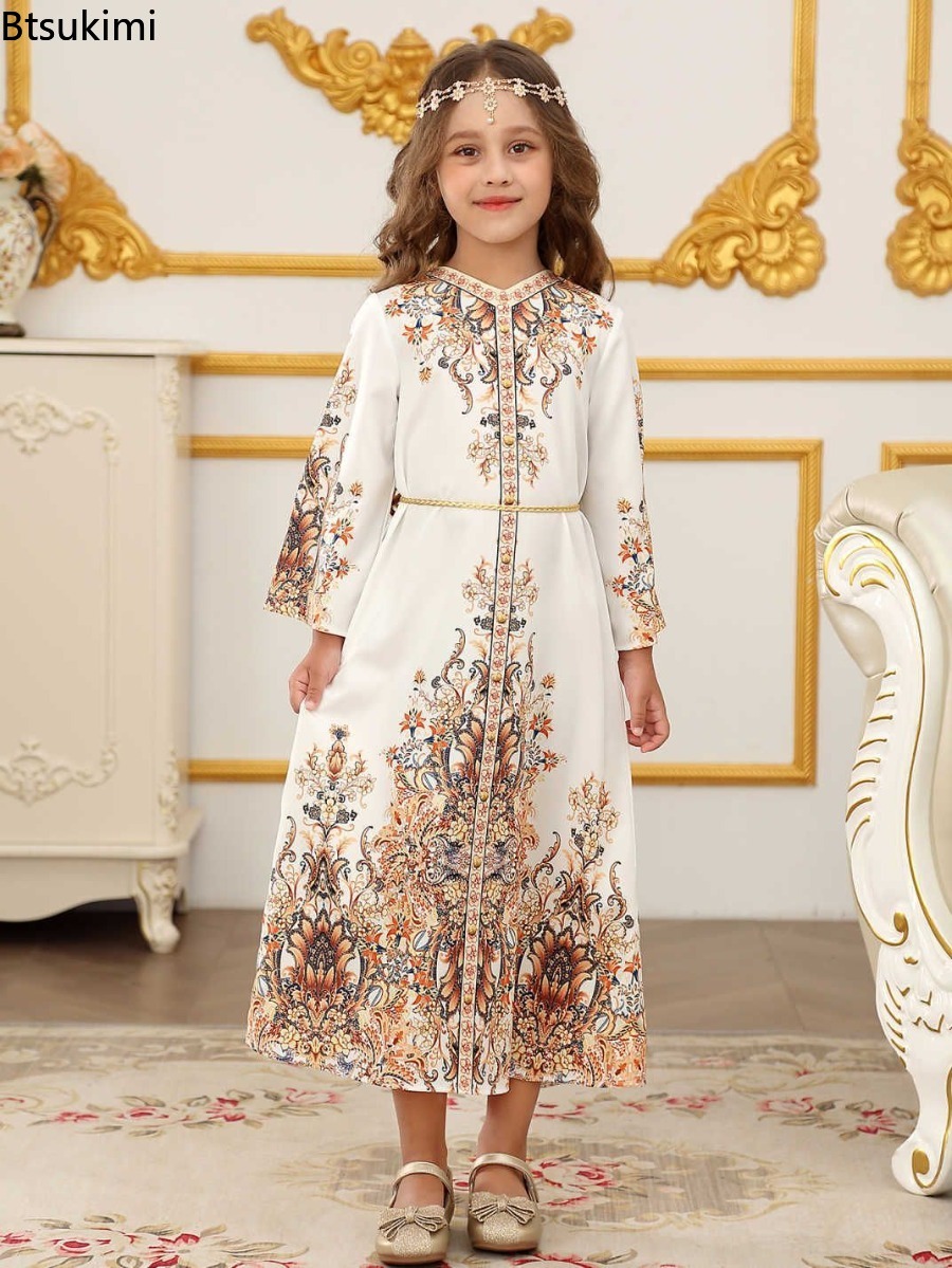 Robes du moyen-orient pour filles, mode musulmane Abayas, caftan arabe turc, dubaï, vêtements islamiques pour enfants, robe imprimée, Robes de soirée
