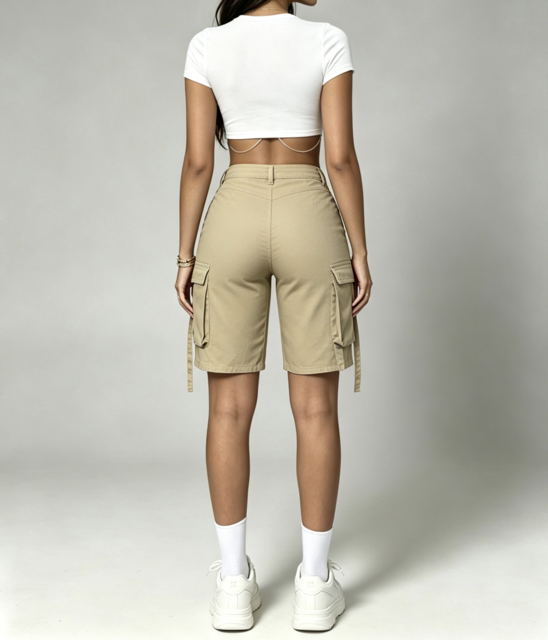 Shorts cargo kaki pour femmes, taille haute, longueur bermuda, multi-poches, streetwear, décontractés, utilitaires, avec poches à rabat