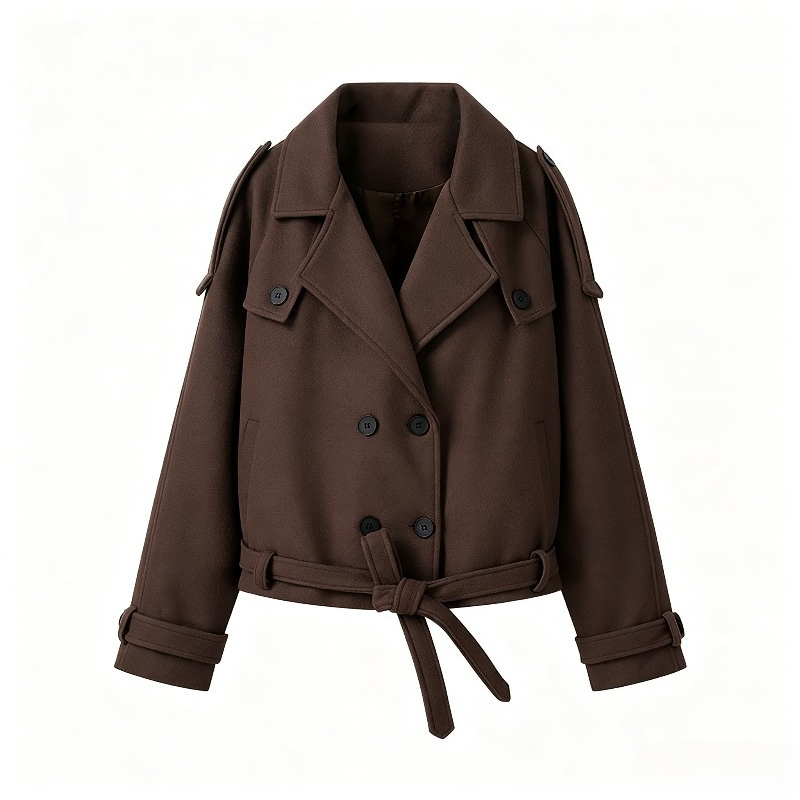 Manteau court chic pour femme à col revers et ceinture, double boutonnage, manches longues, couleur unie, pour l'automne et l'hiver