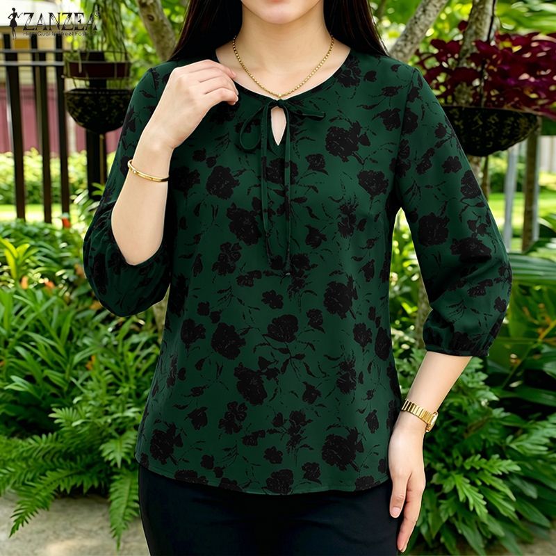 ZANZEA Chemisier Bohème à Imprimé Floral pour Femmes, Automne, Vintage, Manches 3/4, Col à Lacets, Chemise Ample, Décontractée, pour le Bureau, Tunique Mujer