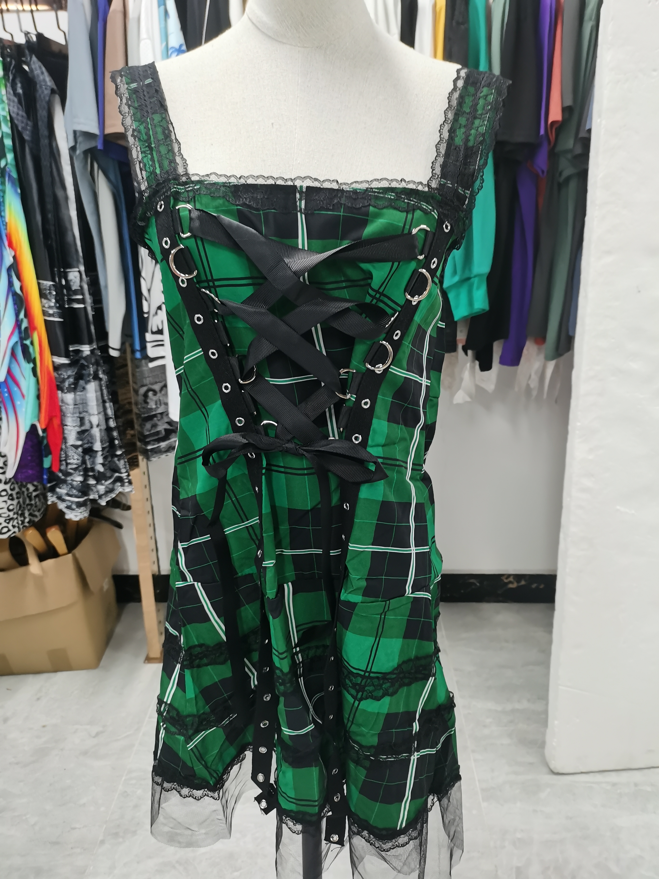 Robe Vintage Femme Sexy Mini-Robe Rétro à Carreaux Robe Gothique Sexy en Dentelle Robe d'Été Punk Vêtement Printanier