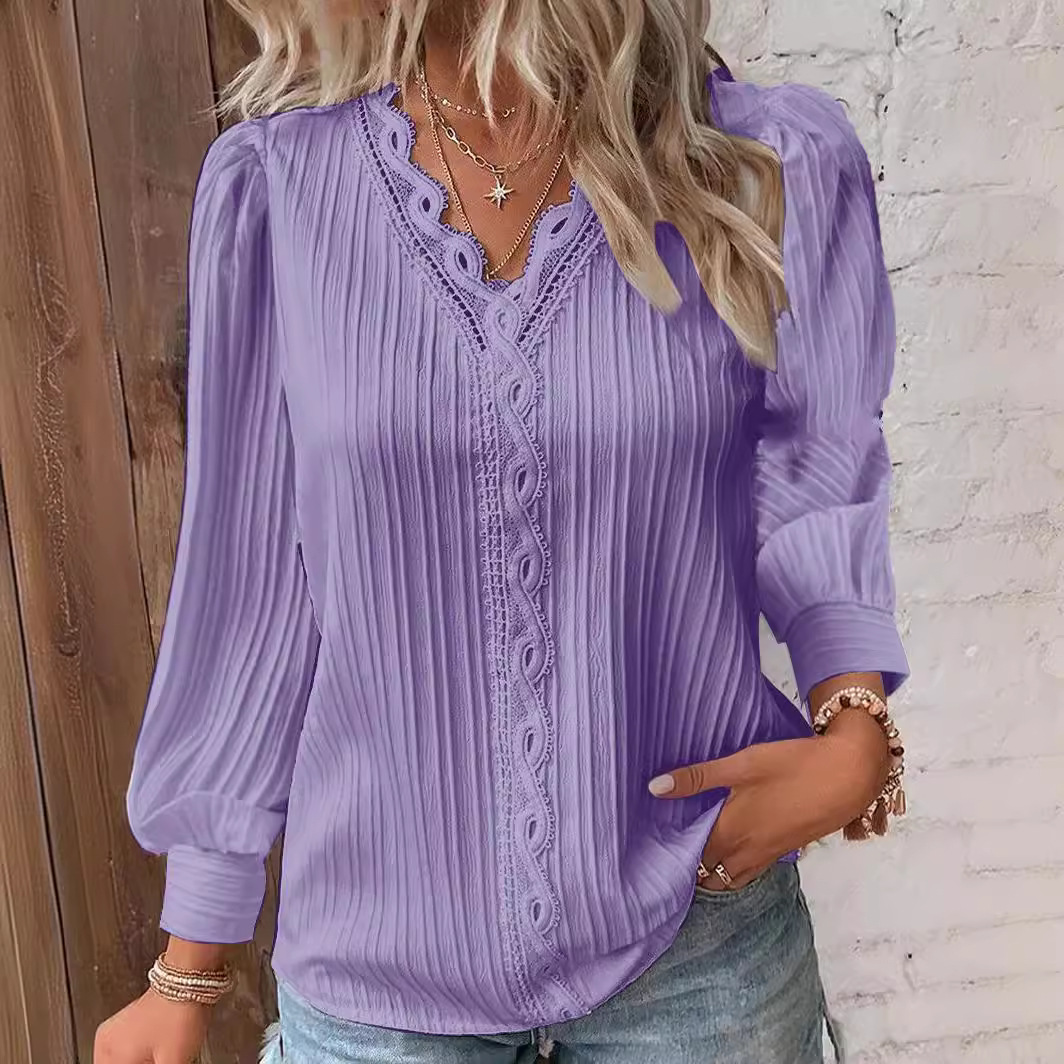 Femmes Patchwork Blouse Y-Printemps Été Femme Col En V À Manches sulfLanterne adt Blouse Chemises LRFZ-C165
