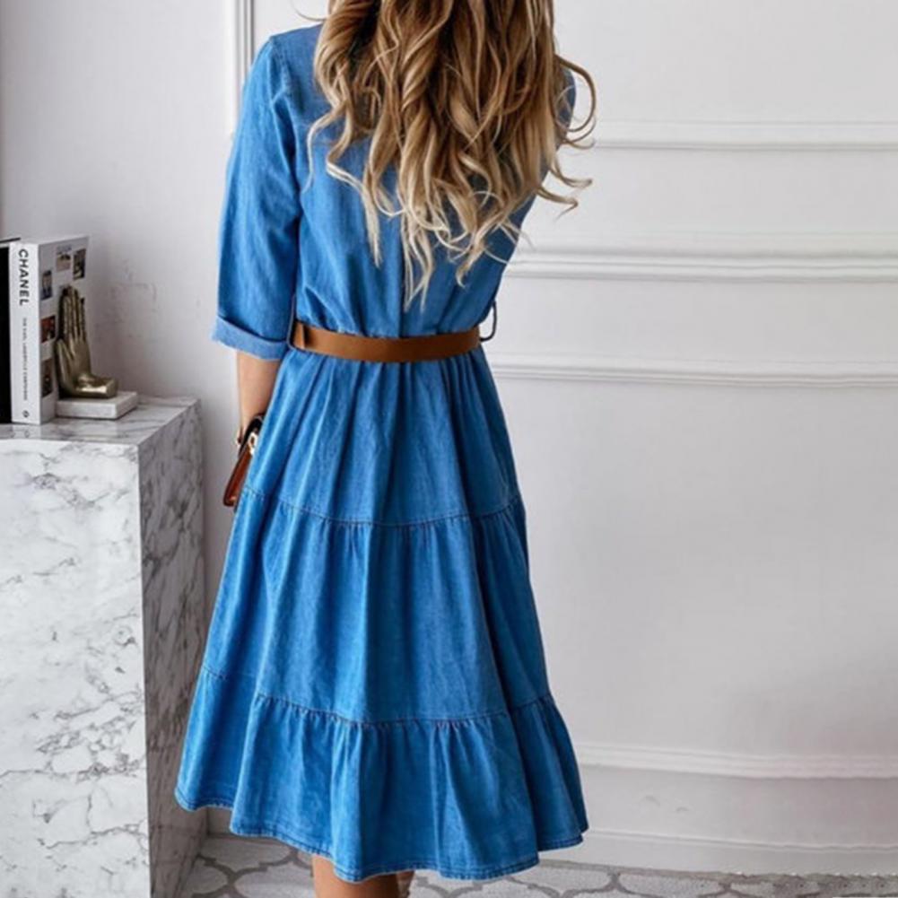 Robe en jean à manches trois-quarts avec ceinture, col rabattu, boutons et volants, pour femme, printemps-automne 2025
