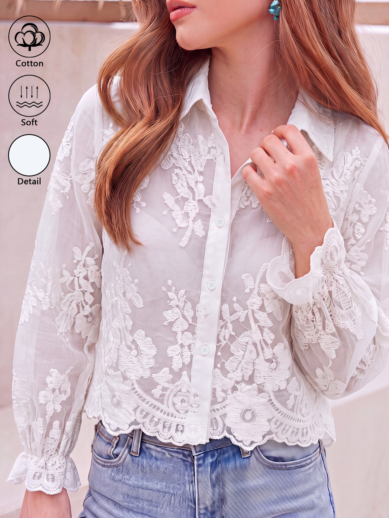 Chemise courte pour femme en coton 100% avec broderie florale 3D en dentelle