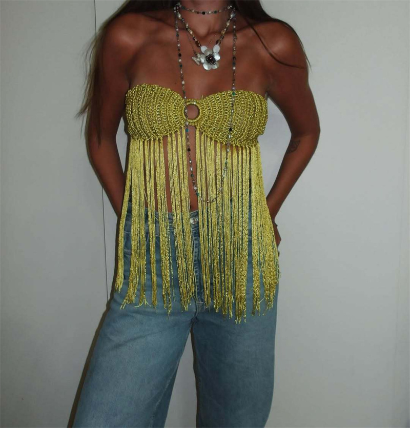 Haut de bikini bohème pour femme, style plage, avec franges, sexy, dos nu, à nouer, à pampilles, en tricot, camisole, cache-maillot de bain en crochet, tenue de plage