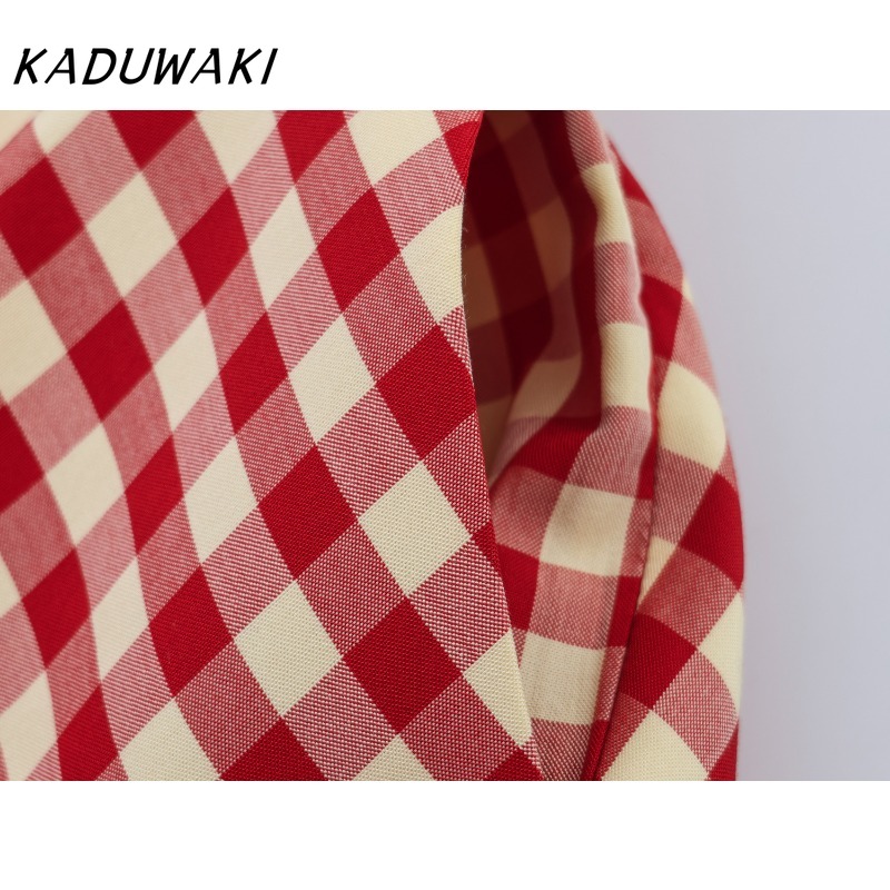 Jupe mi-longue élégante KADUWAKI pour femme, imprimé gingham rouge, coupe trapèze, ourlet évasé, taille haute, décontractée pour pique-niques et sorties en extérieur
