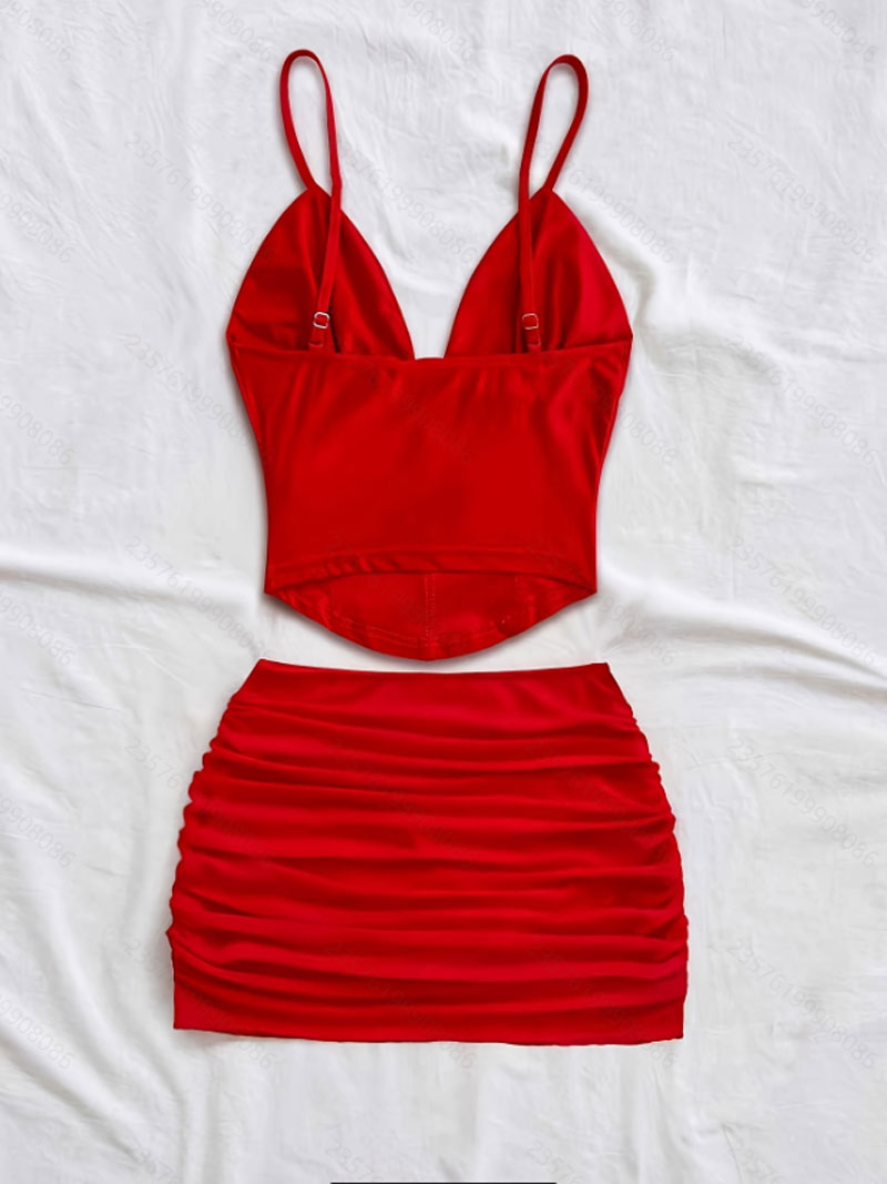 Ensemble jupe pour femme – Nouveauté été – Bretelles spaghetti – Col en V – Coupe ajustée – Mini-jupe sexy – Ensemble deux pièces – Tenues pour femmes