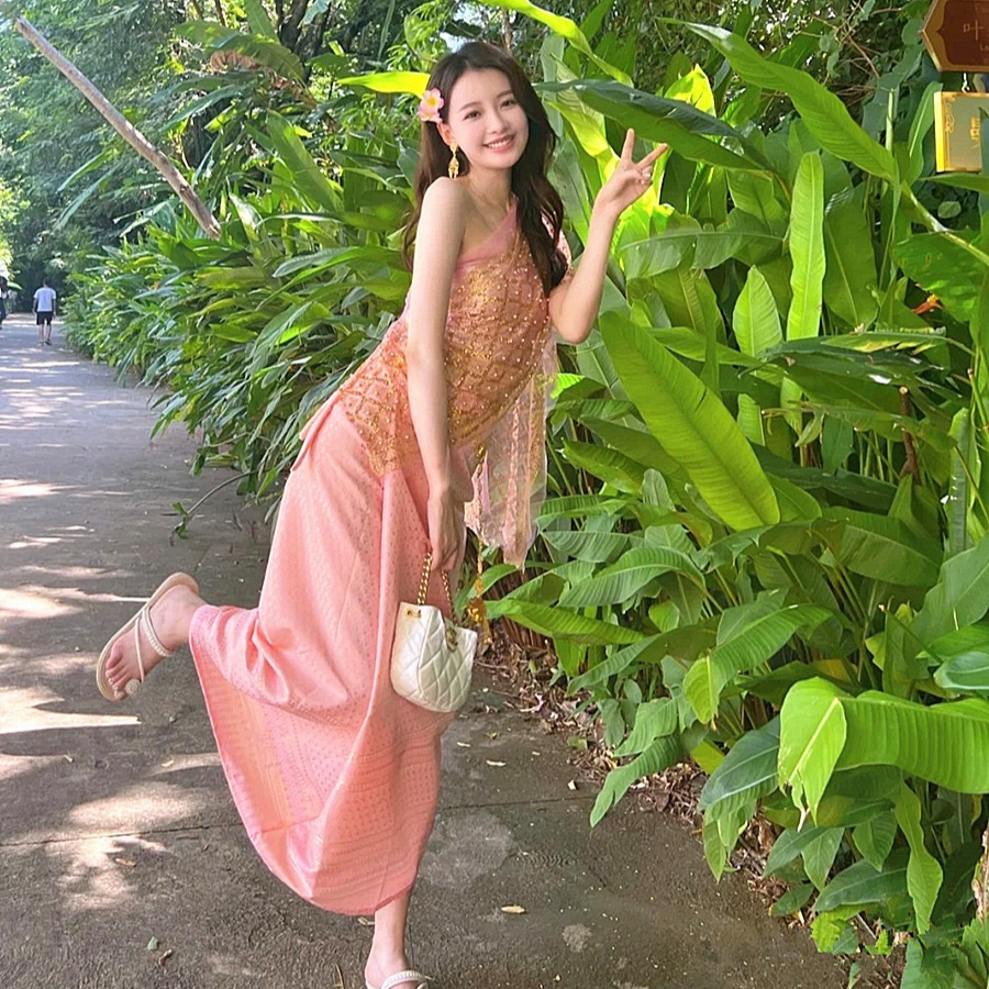 Robe Traditionnelle Thaïlandaise Vintage Dai pour Femme, Ensemble Jupe Sarong, Costume de Festival, Châle à Paillettes, Vêtements Asiatiques RON, 5 Pièces