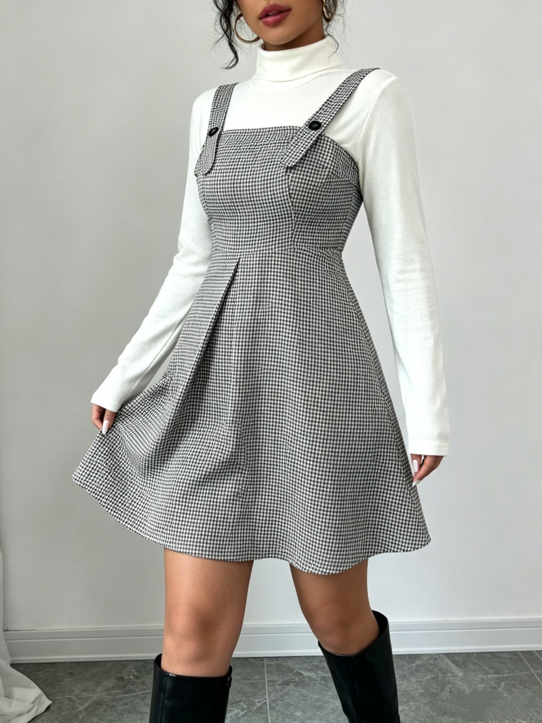 Robe salopette vintage pied-de-poule pour femme, taille haute, coupe trapèze, mini-robe sans manches avec bretelles boutonnées réglables