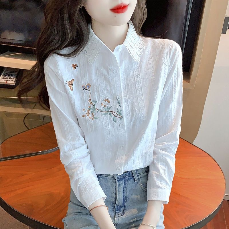 Broderie femmes printemps automne Blouses chemises dame décontracté à manches longues col rabattu couleur unie haut Blouse DF4775