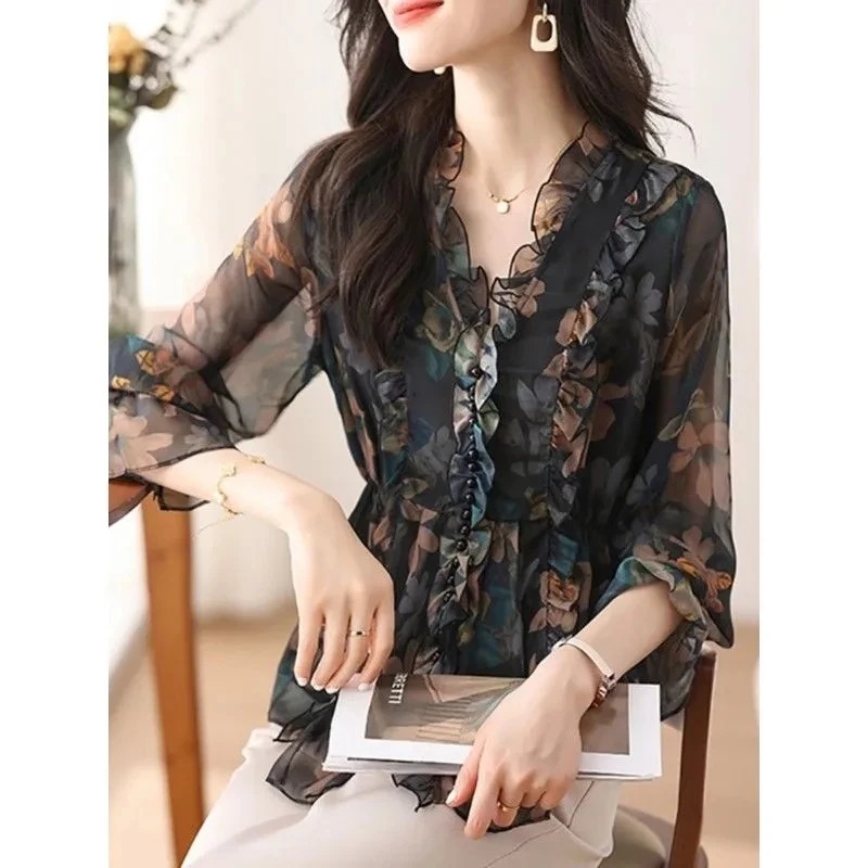 Chemise en mousseline de soie florale pour femmes, printemps-automne, nouvelle tendance de la mode, haut à manches longues, chemisier