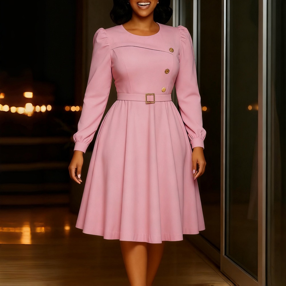Église élégante femmes une ligne robes col rond manches longues bouffantes bouton taille ceinture taille haute plissée église bureau dame tenue de fête