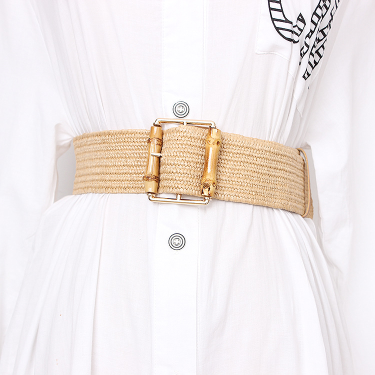 Nouveau tissage élastique femmes ceinture marque de haute qualité bohème bambou aiguille boucle herbe tricot robe Cintos blanc cassé ceinture