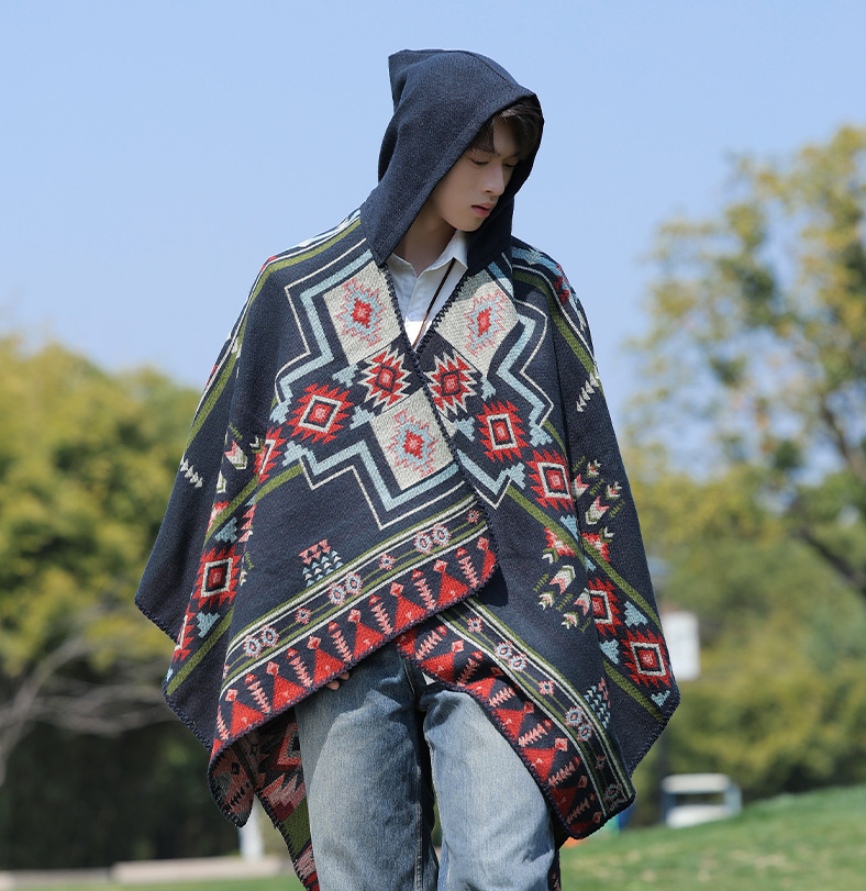 Poncho Homme Style Alpaga Imitation Cachemire, Coupe-Vent Ethnique Polyvalent, Cape Chaude de Voyage Détachable pour les Vacances, Cape Tendance P1