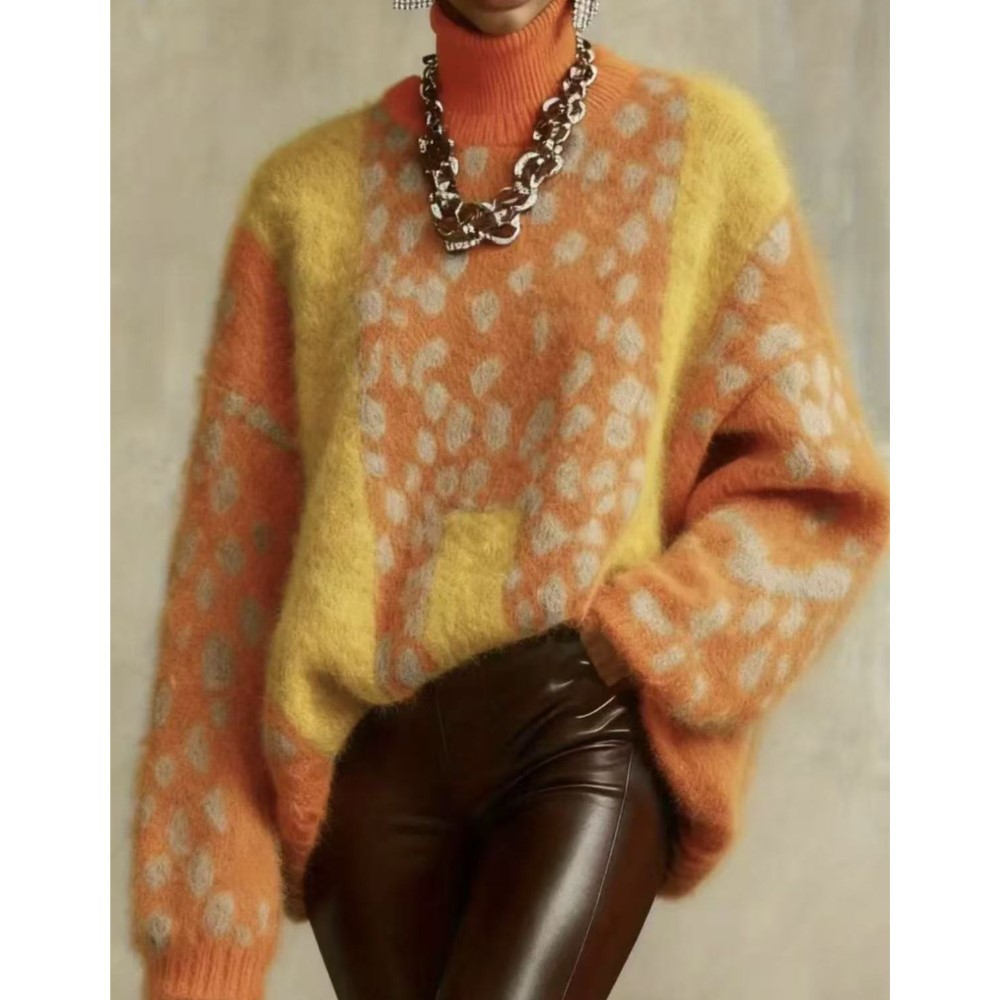 Pull ample rétro à imprimé léopard pour femme, chaud et épais, idéal pour l'automne et l'hiver