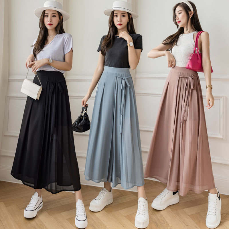 Jupe-pantalon plissée en mousseline de soie pour femme, vêtement léger et décontracté, taille haute, jambes larges, mode coréenne, Harajuku
