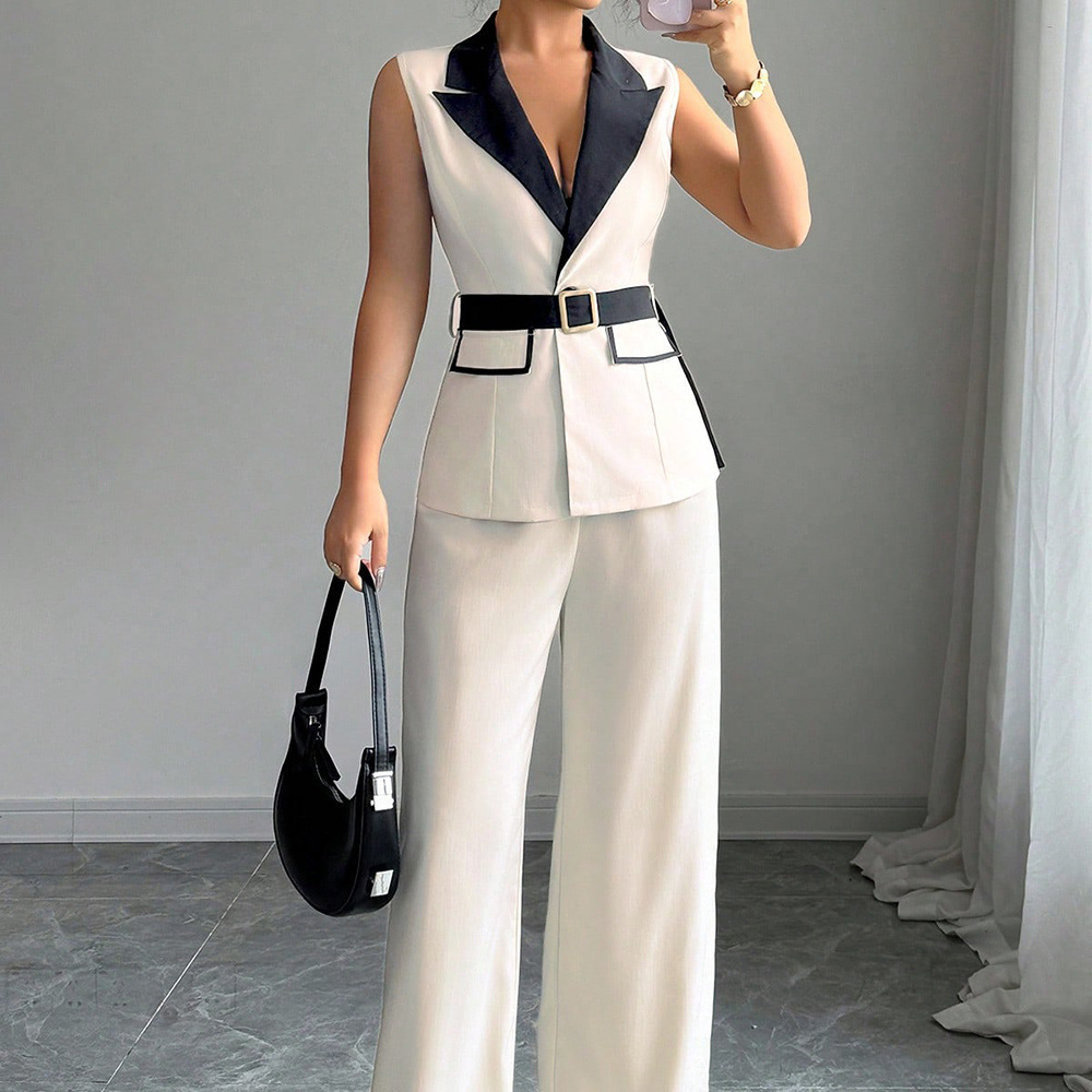 Gilet costume femmes jambe large pantalon gilet 2 pièces ensembles sans manches veste ceinture taille serrée tenues pantalon bureau dame Ensemble
