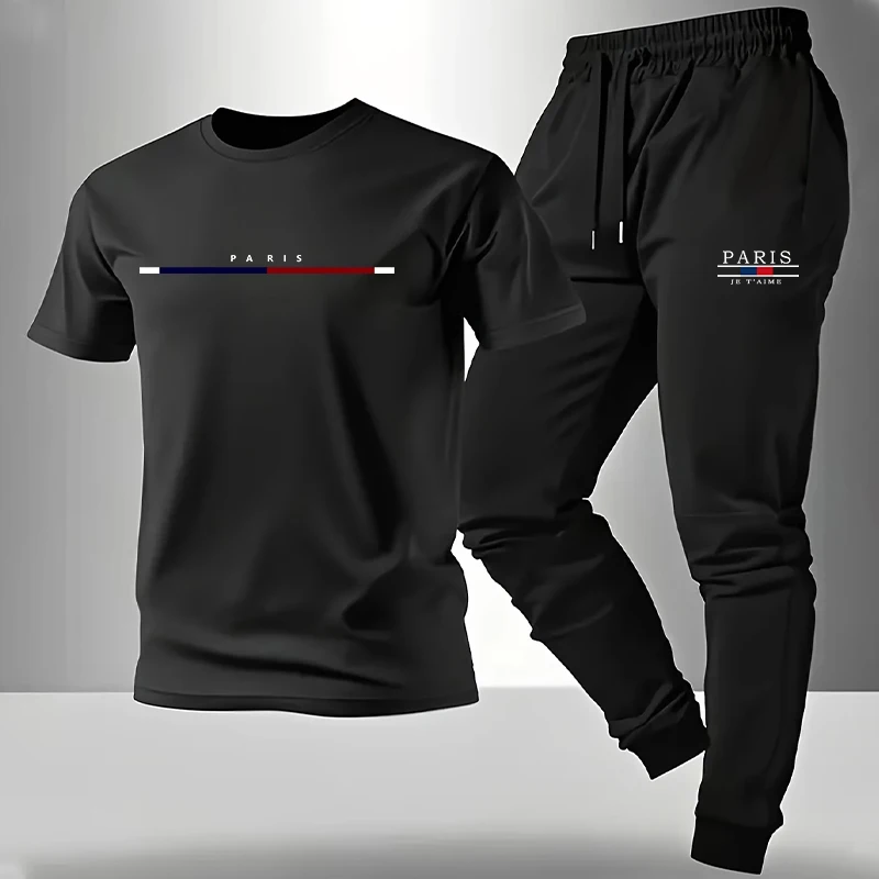 Ensemble homme T-shirt et pantalon de survêtement imprimé Paris, tenue décontractée d'été à manches courtes pour la maison et l'extérieur, tailles S-3XL