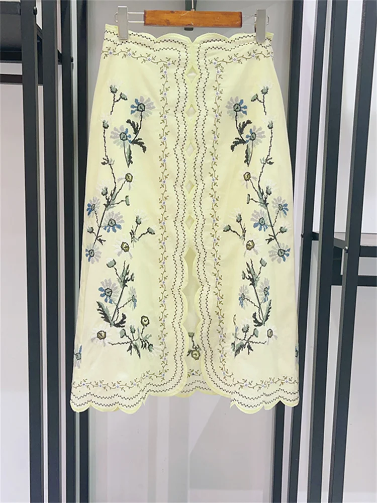 Débardeur camisole brodé de fleurs 2 couleurs pour femme + Gilet court sans manches ou Jupe midi fendue taille haute droite