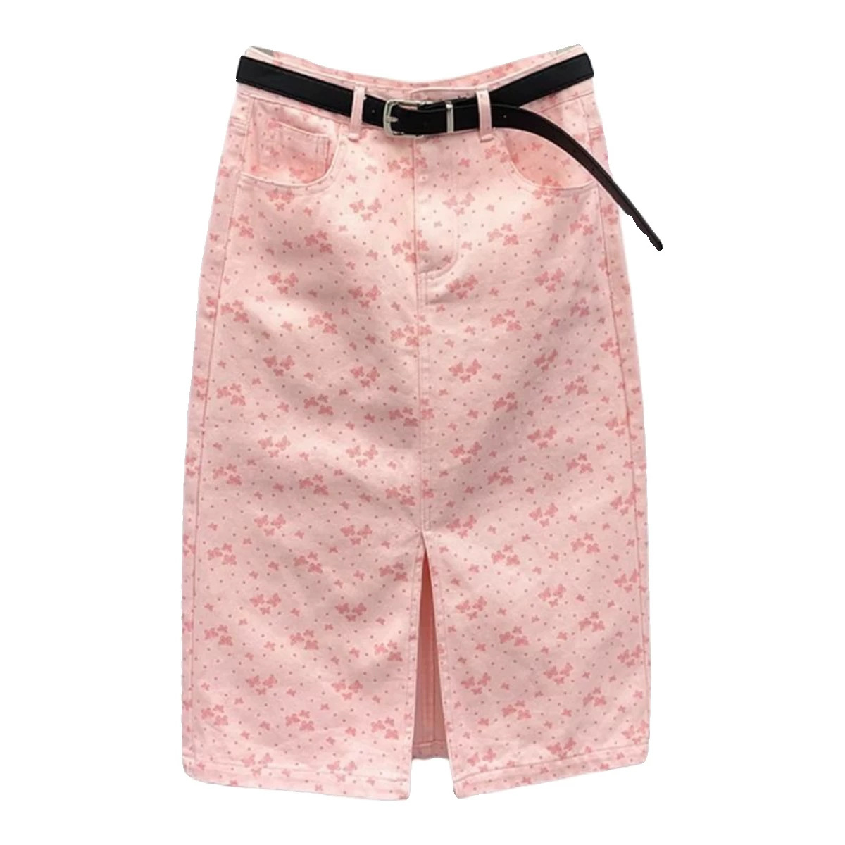 Jupe en jean rose imprimée coréenne pour femme, nouvelle collection été 2026, taille haute, mi-longue et longue, coupe ajustée aux hanches