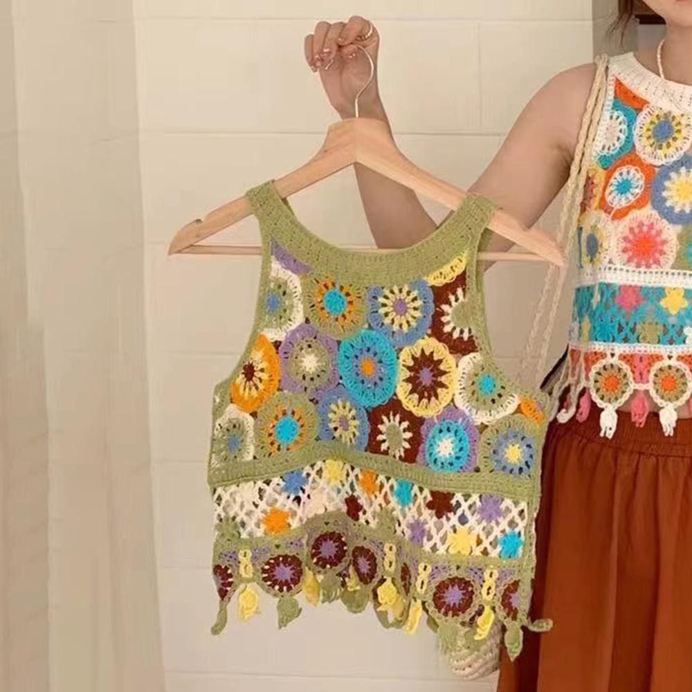 Été bohème creux tricoté gilet femmes haut court à fleurs sans manches Cami gilet femmes col rond court au crochet glands haut