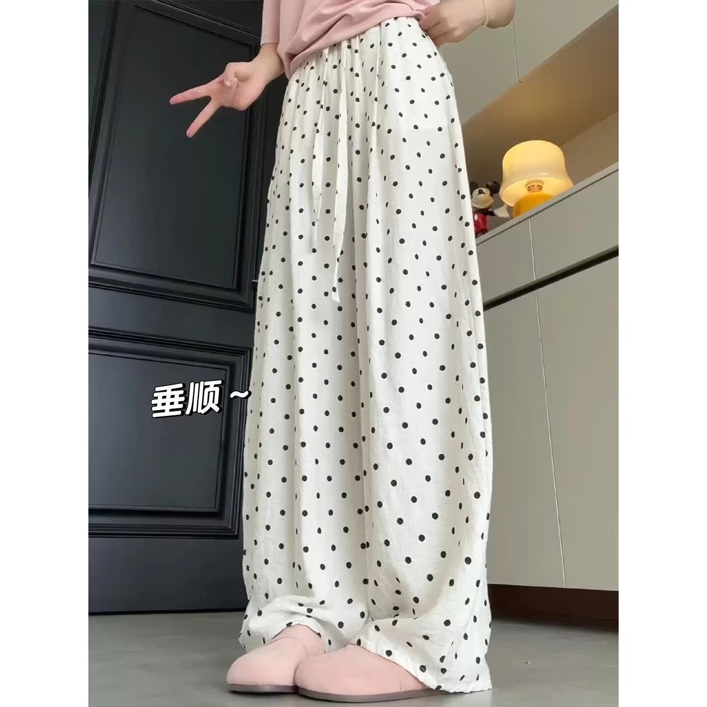 Pantalon large en lin à pois pour femme, style coréen, taille haute, coupe décontractée et droite, idéal pour l'été