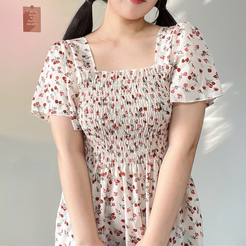 Printemps été robe en mousseline de soie femmes robes décontractées femme taille élastique à manches courtes imprimé fleuri Midi robes trapèze robes